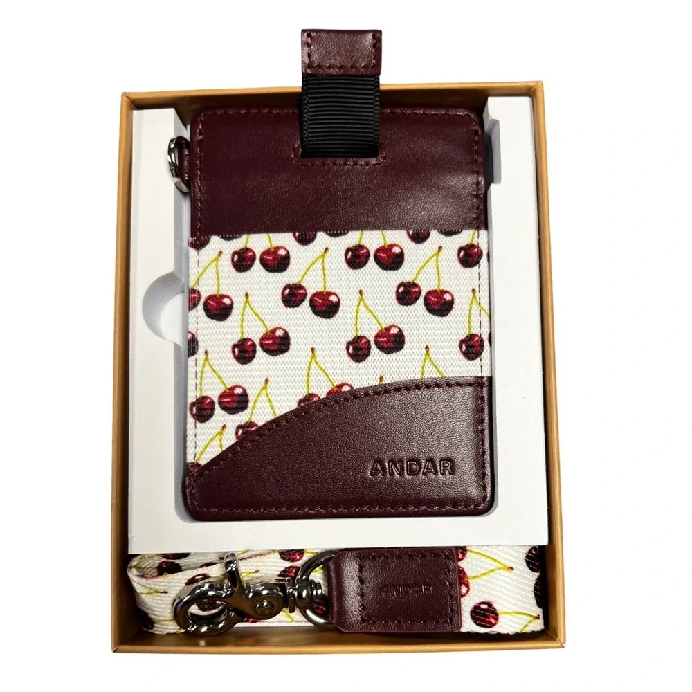 Andar The Ari Slim Leather Card Holder Wallet Wild Cherry Print with Lanyard NEW